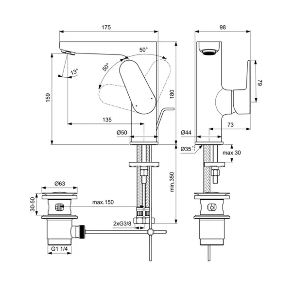 Baterie lavoar Ideal Standard Cerafine O ventil metalic negru mat imagine 2