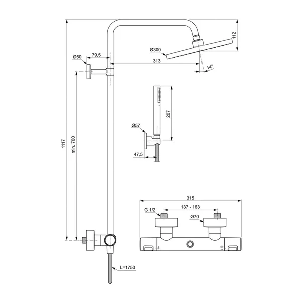 Coloana de dus cu baterie termostatata negru mat Ideal Standard IdealRain Ceratherm T25 imagine 7